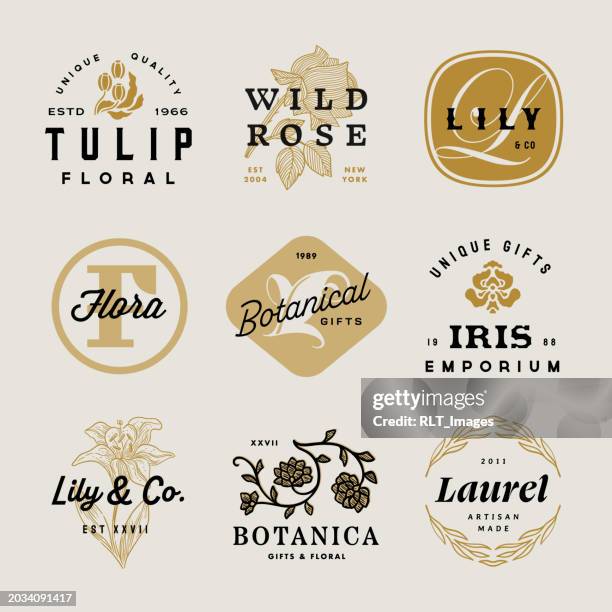 illustrazioni stock, clip art, cartoni animati e icone di tendenza di distintivi di tipo floreale e botanico retrò - botanical