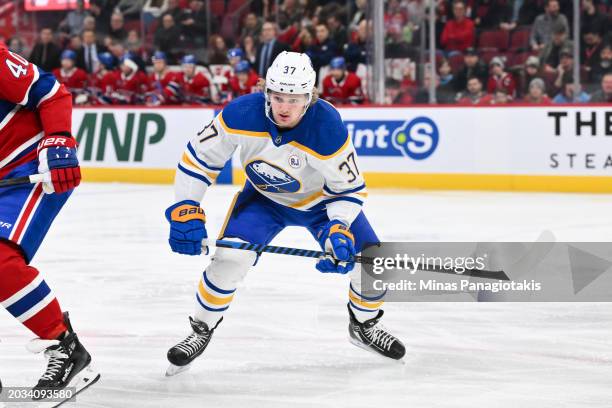 Casey Mittelstadt of the Buffalo Sabres skates during the first period against the Montreal Canadiens at the Bell Centre on February 21, 2024 in...