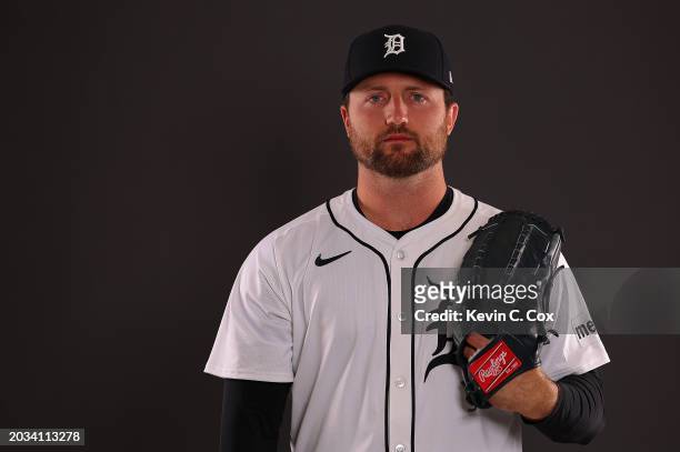 Casey Mize of the Detroit Tigers poses for a portrait during photo day at Publix Field at Joker Marchant Stadium on February 23, 2024 in Lakeland,...