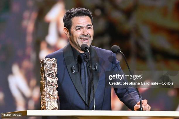 Jamel Debbouze presents the 'Honorary' Cesar Award to Agnès Jaoui on stage during the 49th Cesar Film Awards at L'Olympia on February 23, 2024 in...