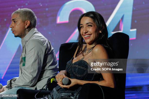 Maria Becerra speaks at a press conference during the Viña del Mar Festival. The Jury of the 2024 Viña Festival, announced its vision and development...