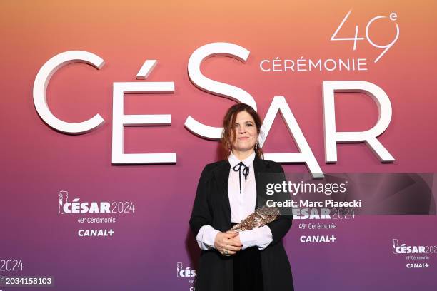 Agnes Jaoui poses in the winners room with the 'Honorary' Cesar Award during the 49th Cesar Film Awards at L'Olympia on February 23, 2024 in Paris,...