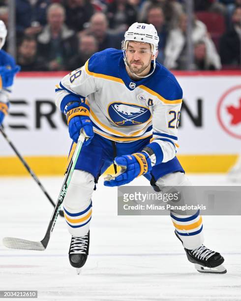 Zemgus Girgensons of the Buffalo Sabres skates during the third period against the Montreal Canadiens at the Bell Centre on February 21, 2024 in...