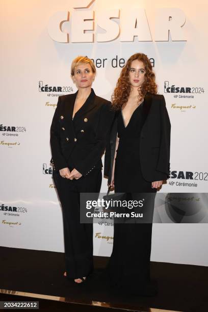 Judith Godrèche and Tess Barthélémy arrive at the 49th Cesar Film Awards Dinner at Le Fouquet's on February 23, 2024 in Paris, France.