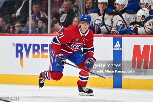 Kaiden Guhle of the Montreal Canadiens skates during the third period against the Buffalo Sabres at the Bell Centre on February 21, 2024 in Montreal,...