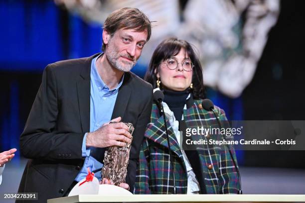 Sébastien Laudenbach and Chiara Malta accept the 'Best Animation Feature' Cesar Award for the movie 'Linda veut du poulet' on stage during the 49th...