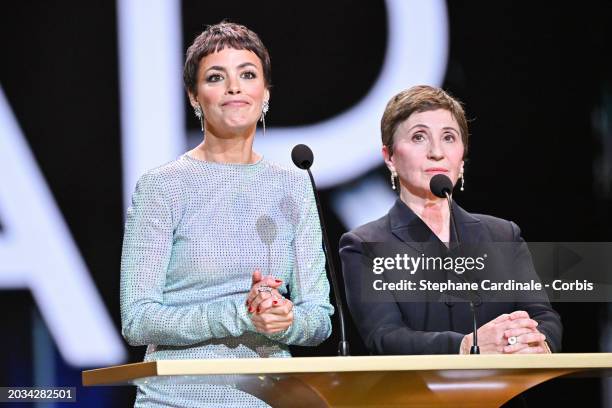 Bérénice Bejo and Ariane Ascaride present the 'Best Animation Feature' Cesar Award on stage during the 49th Cesar Film Awards at L'Olympia on...