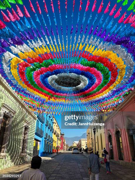 oaxaca, méxico: calle colorida con papel picado - oaxaca fotografías e imágenes de stock