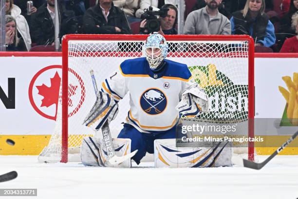 Ukko-Pekka Luukkonen of the Buffalo Sabres tends the net during the third period against the Montreal Canadiens at the Bell Centre on February 21,...