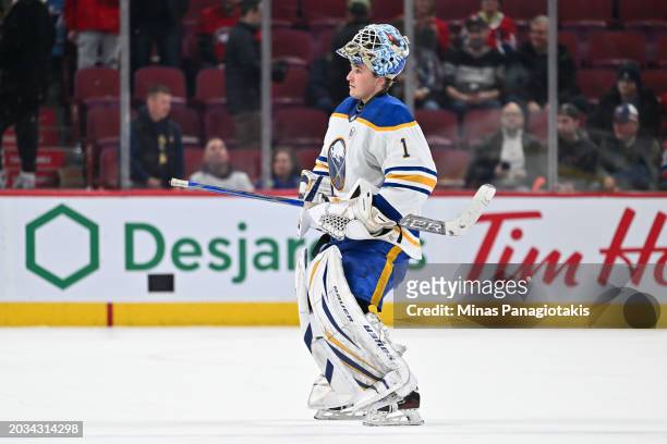 Ukko-Pekka Luukkonen of the Buffalo Sabres skates across the ice after a 3-2 victory against the Montreal Canadiens at the Bell Centre on February...