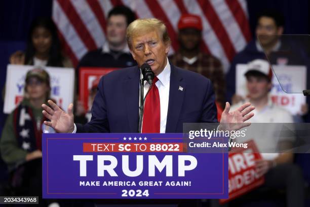 Republican presidential candidate and former U.S. President Donald Trump speaks during a campaign event at the Winthrop Coliseum on February 23, 2024...