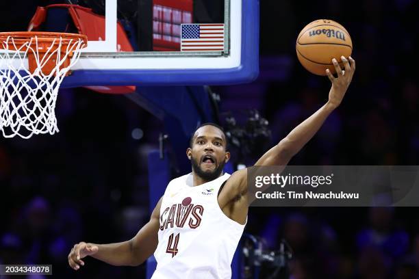 Evan Mobley of the Cleveland Cavaliers reaches for a rebound during the fourth quarter against the Philadelphia 76ers at the Wells Fargo Center on...