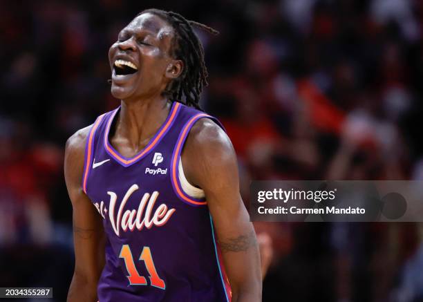 Bol Bol of the Phoenix Suns reacts to a basket against the Houston Rockets during the second half at Toyota Center on February 23, 2024 in Houston,...