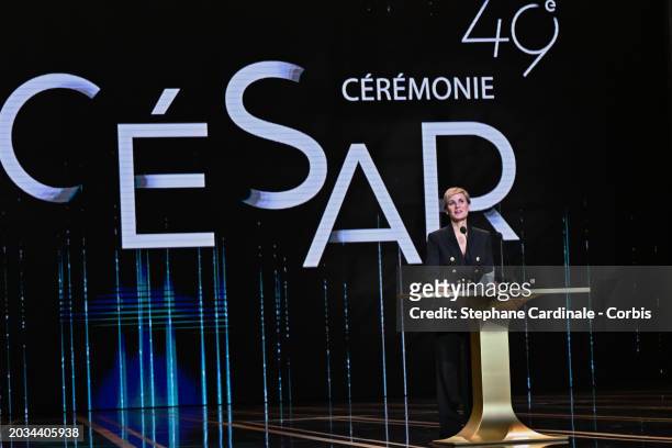 Judith Godreche on stage during the 49th Cesar Film Awards at L'Olympia on February 23, 2024 in Paris, France.