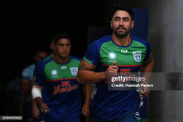 Shaun Johnson of the Warriors runs out ahead of the NRL Pre-season challenge match between New Zealand Warriors and Dolphins at Go Media Stadium Mt...