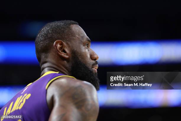 LeBron James of the Los Angeles Lakers looks on during the first half of a game against the San Antonio Spurs at Crypto.com Arena on February 23,...