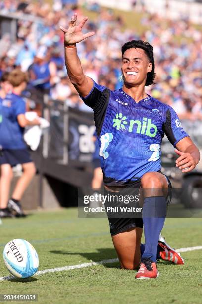 Zarn Sullivan of the Blues celebrates his try during the round one Super Rugby Pacific match between the Blues and Fijian Drua at Semenoff Stadium,...