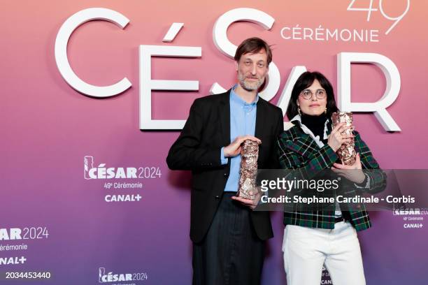 Sebastien Laudenbach and Chiara Malta pose in the winners room with the 'Best Animation Feature' Cesar Award for the movie 'Linda veut du poulet'...