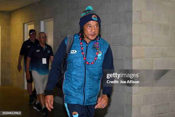 Coach Tana Umaga of Moana Pasifika arrives ahead of the round one Super Rugby Pacific match between Highlanders and Moana Pasifika at Forsyth Barr...