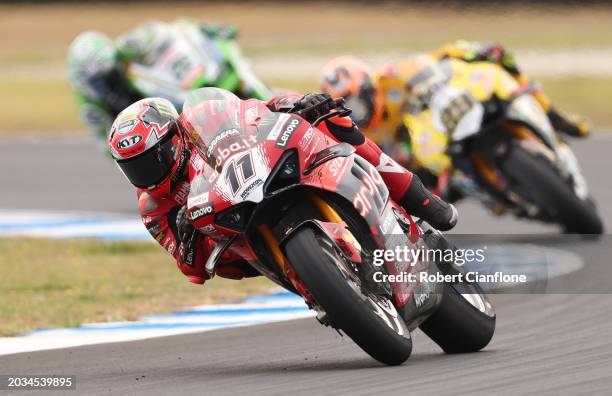 Nicolo Bulega of Italy and Aruba.it – Ducati leads during race one of the World Superbikes Championship at Phillip Island Grand Prix Circuit on...