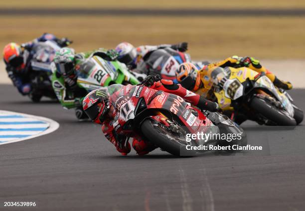 Nicolo Bulega of Italy and Aruba.it – Ducati leads during race one of the World Superbikes Championship at Phillip Island Grand Prix Circuit on...