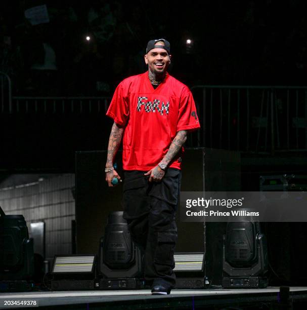 Chris Brown performs during Tycoon Music Festival at State Farm Arena on February 13, 2024 in Atlanta, Georgia.