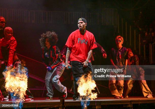 Chris Brown performs during Tycoon Music Festival at State Farm Arena on February 13, 2024 in Atlanta, Georgia.