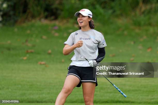 Danielle Kang of the United States celebrates the chip-in-eagle on the 7th hole during the third round of the Honda LPGA Thailand at Siam Country...