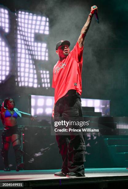 Chris Brown performs during Tycoon Music Festival at State Farm Arena on February 13, 2024 in Atlanta, Georgia.