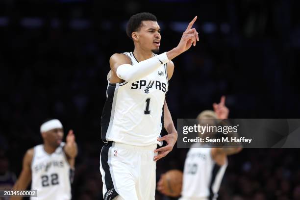 Victor Wembanyama of the San Antonio Spurs reacts to being called for a foul during the second half of a game against the Los Angeles Lakers at...