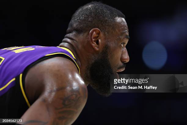 LeBron James of the Los Angeles Lakers looks on during the second half of a game against the San Antonio Spurs at Crypto.com Arena on February 23,...