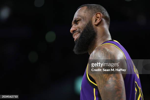 LeBron James of the Los Angeles Lakers reacts to a foul during the second half of a game against the San Antonio Spurs at Crypto.com Arena on...