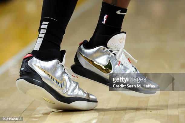 Shoes worn by LeBron James of the Los Angeles Lakers during the second half of a game against the San Antonio Spurs at Crypto.com Arena on February...