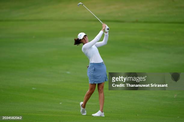 Albane Valenzuela of Switzerland hits her second shot on the 7th hole during the third round of the Honda LPGA Thailand at Siam Country Club on...