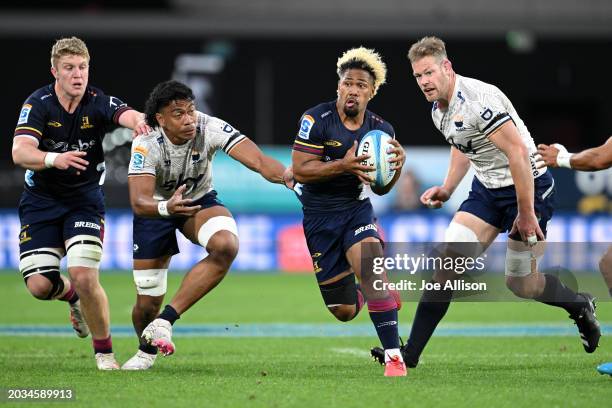 Folau Fakatava of the Highlanders charges forward during the round one Super Rugby Pacific match between Highlanders and Moana Pasifika at Forsyth...