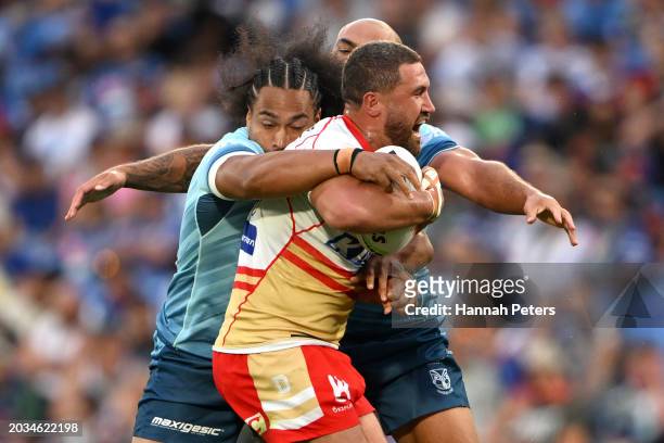 Kenneath Bromwich of the Dolphins charges forward during the NRL Pre-season challenge match between New Zealand Warriors and Dolphins at Go Media...