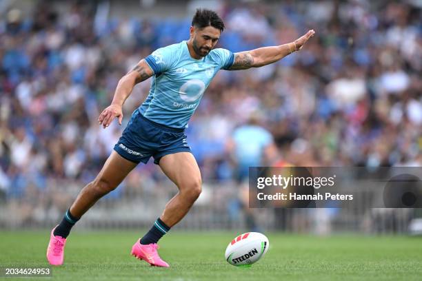 Shaun Johnson of the Warriors kicks a conversion during the NRL Pre-season challenge match between New Zealand Warriors and Dolphins at Go Media...