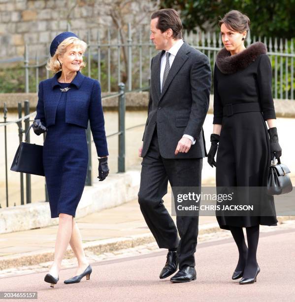 Penelope Knatchbull, Countess Mountbatten of Burma and Thomas Hooper and Lady Alexandra Hooper arrives to attend a thanksgiving service for the life...