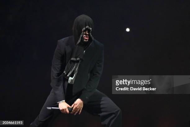 Bad Bunny performs during a stop of the Most Wanted Tour at T-Mobile Arena on February 23, 2024 in Las Vegas, Nevada.