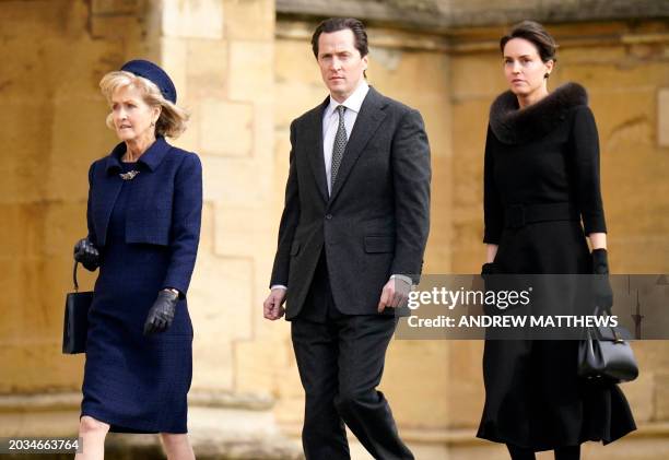 Penelope Knatchbull, Countess Mountbatten of Burma and Thomas Hooper and Lady Alexandra Hooper arrives to attend a thanksgiving service for the life...