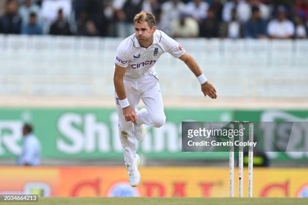 James Anderson of England bowl during day two of the 4th Test Match between India and England at JSCA International Stadium Complex on February 24,...