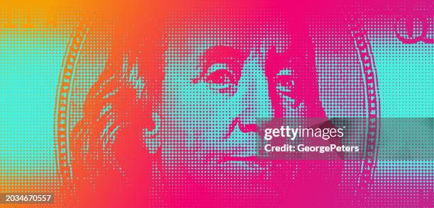 illustrazioni stock, clip art, cartoni animati e icone di tendenza di benjamin franklin face, banconota americana da cento dollari - capitalismo