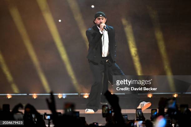 Bad Bunny performs during a stop of the Most Wanted Tour at T-Mobile Arena on February 23, 2024 in Las Vegas, Nevada.