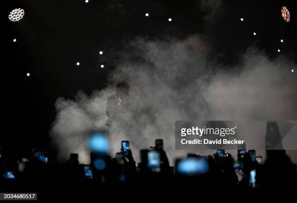 Bad Bunny rises up from the stage as he performs during a stop of the Most Wanted Tour at T-Mobile Arena on February 23, 2024 in Las Vegas, Nevada.