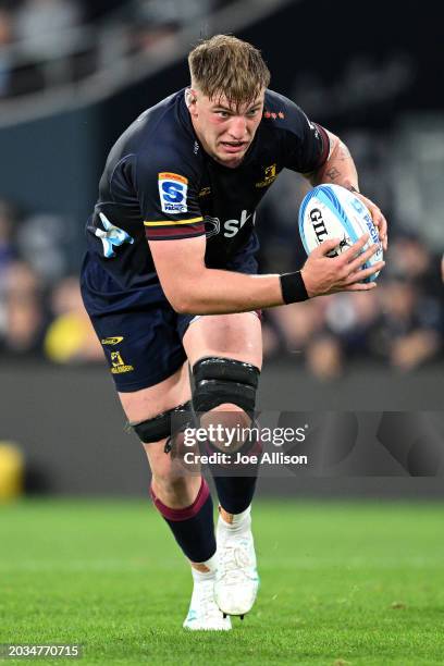 Fabian Holland of the Highlanders charges forward during the round one Super Rugby Pacific match between Highlanders and Moana Pasifika at Forsyth...