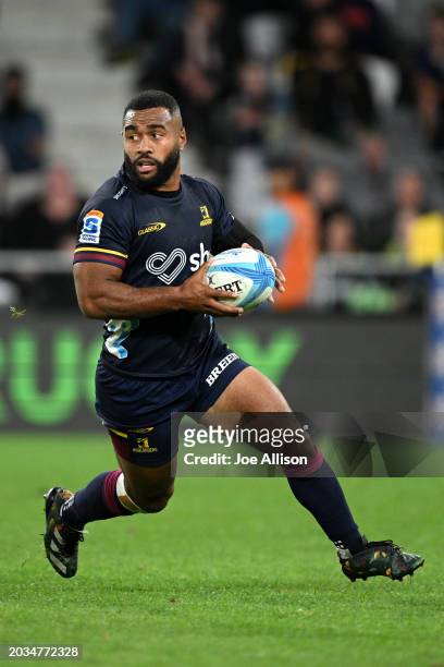 Jona Nareki of the Highlanders charges forward during the round one Super Rugby Pacific match between Highlanders and Moana Pasifika at Forsyth Barr...