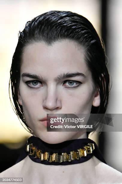 Model walks the runway during the Gucci Ready to Wear Fall/Winter 2024-2025 fashion show as part of the Milan Fashion Week on February 23, 2024 in...