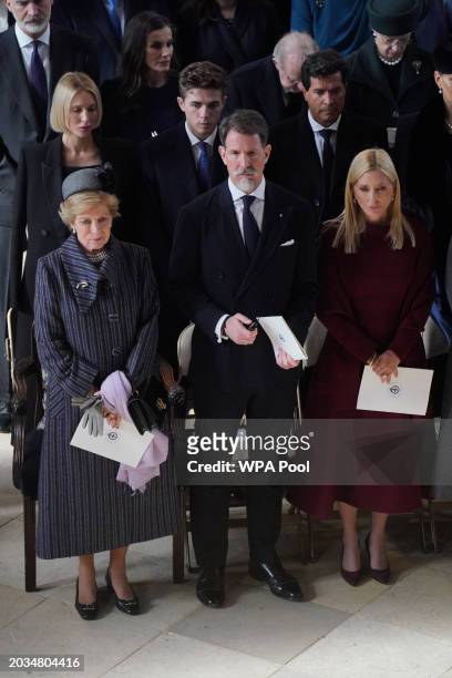 Queen Anne-Marie of the Hellenes, Crown Prince Pavlos of Greece and Crown Princess Marie-Chantal of Greece attend the Thanksgiving Service for King...