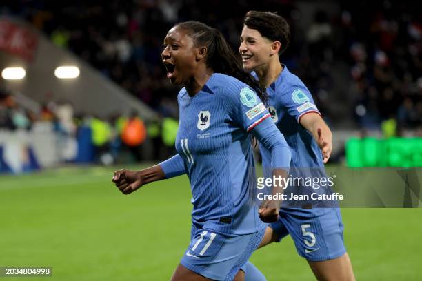 Kadidiatou Diani of France celebrates her goal with Elisa De Almeida during the UEFA Women's Nations League semi-final between France and Germany at...