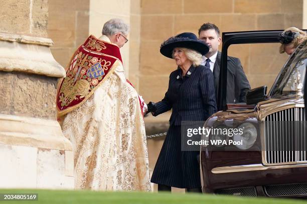 Queen Camilla attends the Thanksgiving Service for King Constantine of the Hellenes at St George's Chapel on February 27, 2024 in Windsor, England....